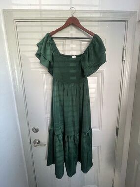 PinkBlush Forest Green Satin Flutter Sleeve Maternity Midi Dress